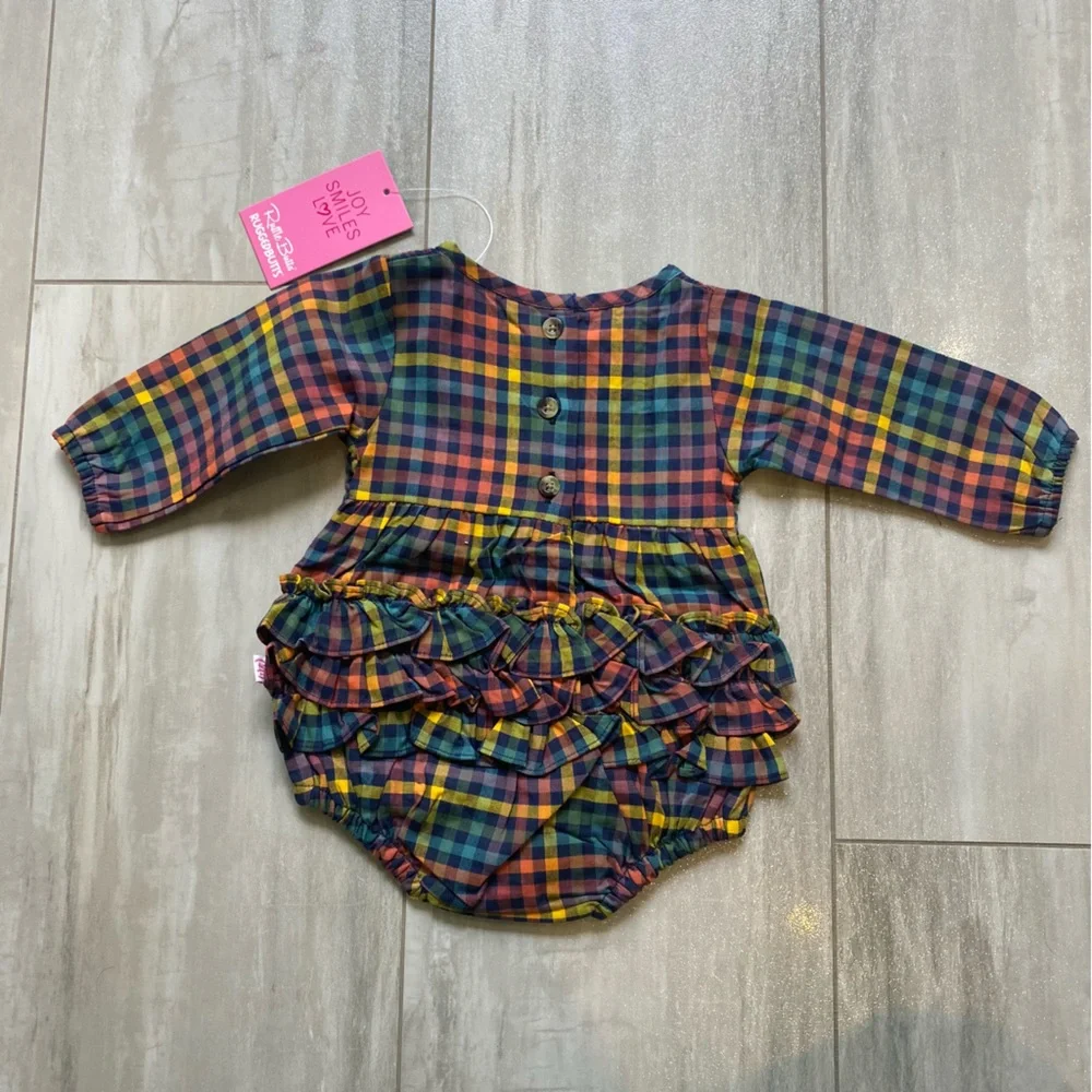 NWT RuffleButts Harvest Rainbow Gingham Long Sleeve Smocked Bubble Romper, 0-3M